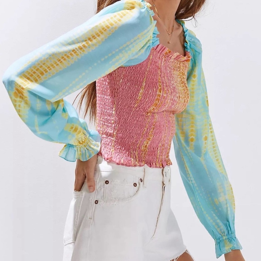 Anthropologie Khavita Bhartia Smocked Pastel Tye Dye Blouse XL
